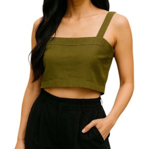 ABERCROMBIE & FITCH NWT Olive Green Linen Square Neck Crop Tank Top Smock XL - Picture 1 of 12